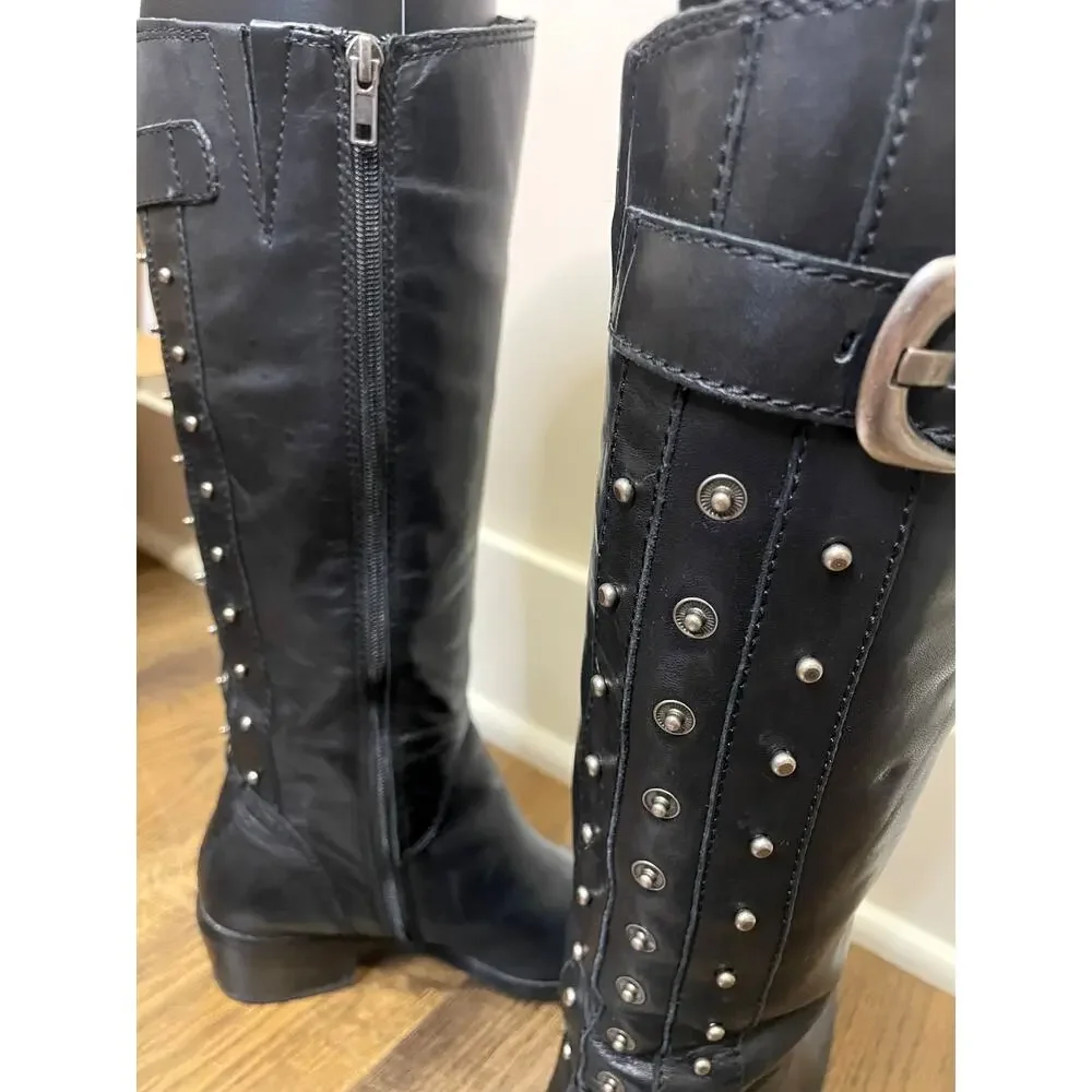 Arturo Chiang "Billie 2" Studded Riding Boots Black Leather Knee Boots Size 7.5 - Picture 1 of 13